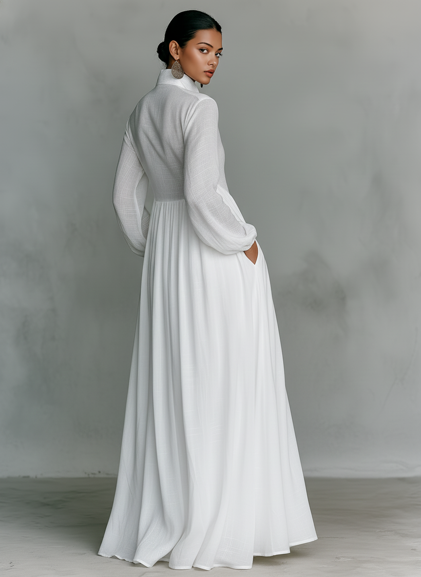 Minimalistisches Maxikleid aus Baumwolle und Leinen mit Patchwork, Stehkragen und langen Ärmeln