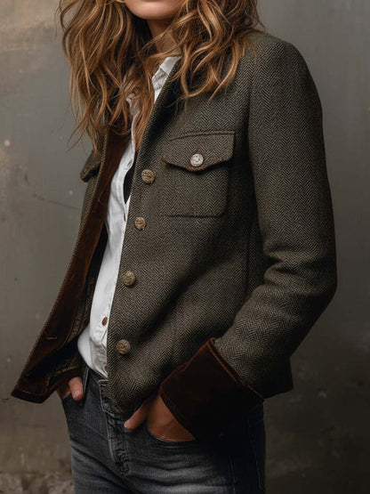Honorine | Blazer Vintage con Motivo Chevron e Profili a Contrasto