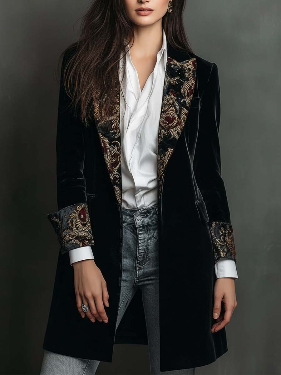 Léontine | Blazer Nero Sartoriale con Stampa Barocca
