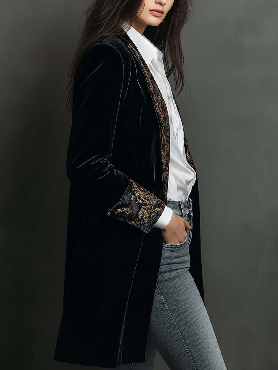 Léontine | Blazer Nero Sartoriale con Stampa Barocca