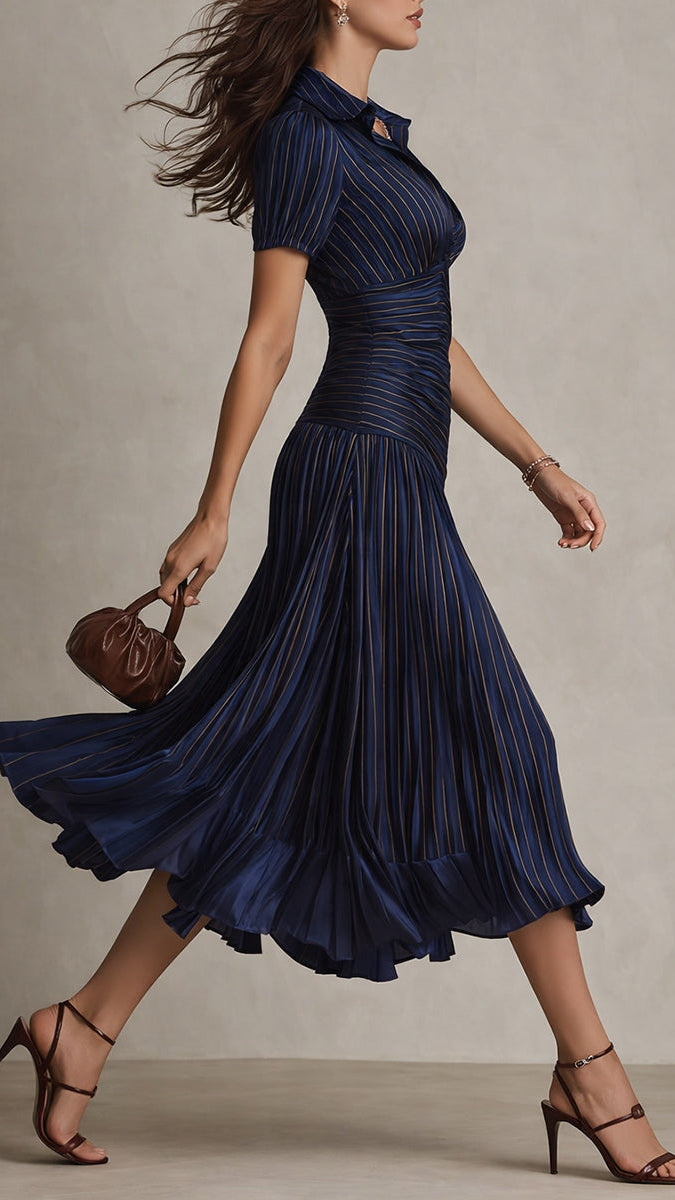Vestido Adriana midi satinado rayas retro - Azul marino