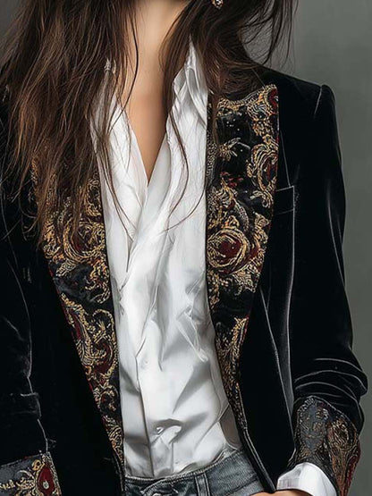 Léontine | Blazer Nero Sartoriale con Stampa Barocca