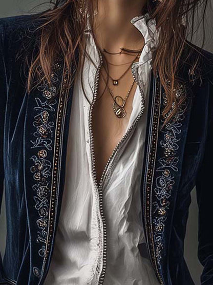 Athénaïs | Giacca Lunga Ricamata Vintage Blu Navy