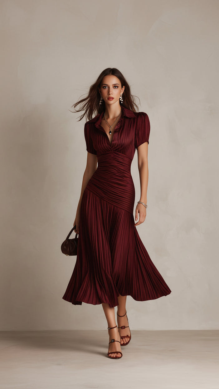 Vestido Adriana midi satinado rayas retro - Azul marino