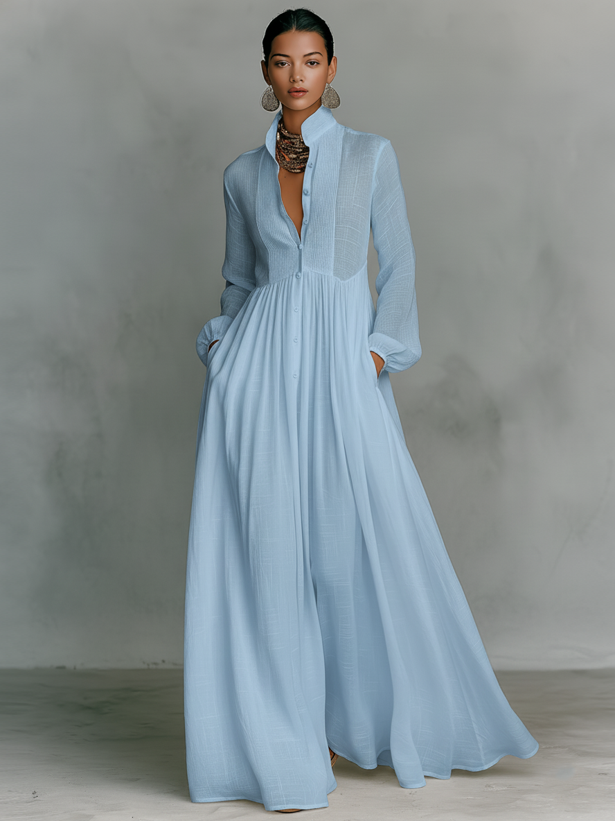 Minimalistisches Maxikleid aus Baumwolle und Leinen mit Patchwork, Stehkragen und langen Ärmeln