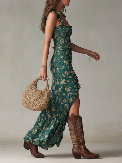 Sara | Vestido largo estilo boho retro con mangas fruncidas y abertura alta