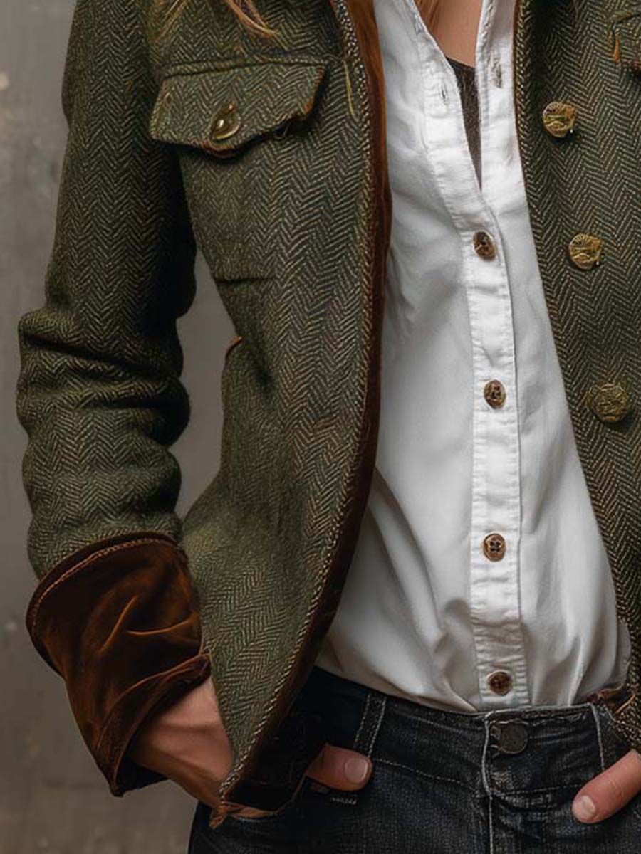 Honorine | Blazer Vintage con Motivo Chevron e Profili a Contrasto