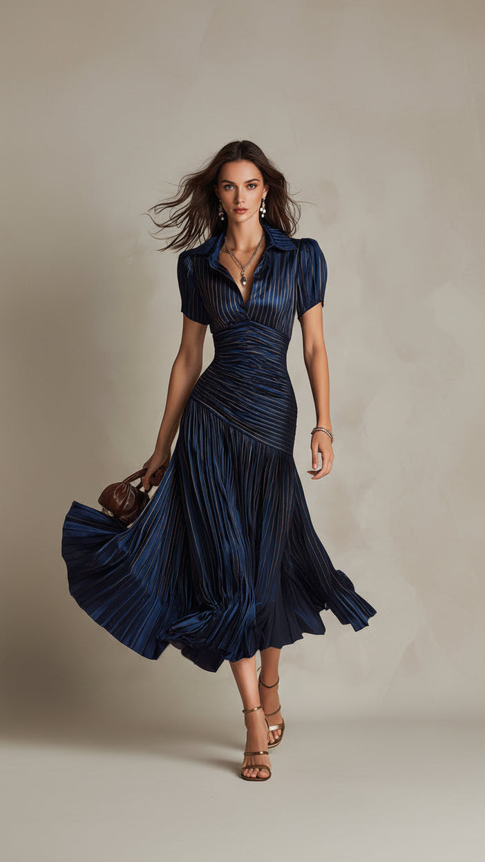Vestido Adriana midi satinado rayas retro - Azul marino