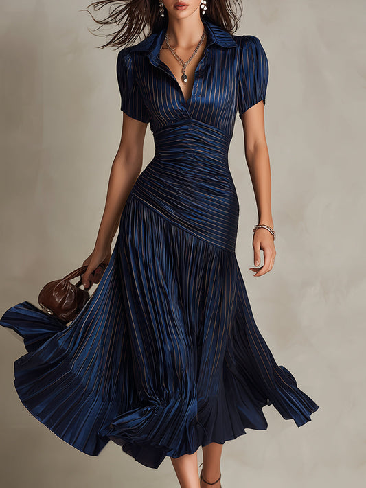 Vestido Adriana midi satinado rayas retro - Azul marino
