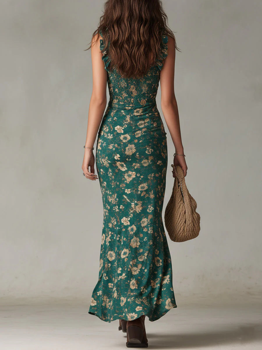 Sara | Vestido largo estilo boho retro con mangas fruncidas y abertura alta