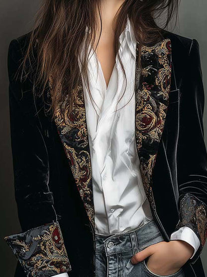 Léontine | Blazer Nero Sartoriale con Stampa Barocca