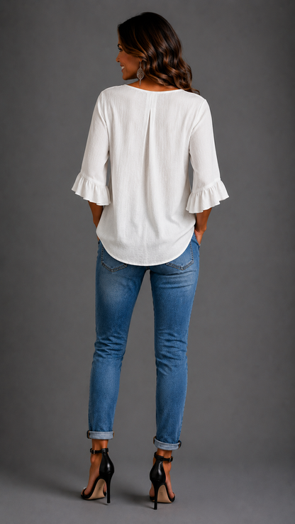 Sophia Solid-Colour Cotton-Linen Blouse with Wooden Buttons and Ruffles