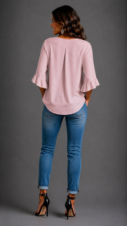 Sophia Solid-Colour Cotton-Linen Blouse with Wooden Buttons and Ruffles
