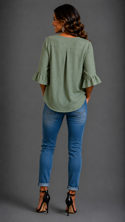 Sophia Solid-Colour Cotton-Linen Blouse with Wooden Buttons and Ruffles