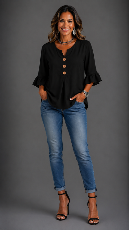 Sophia Solid-Colour Cotton-Linen Blouse with Wooden Buttons and Ruffles