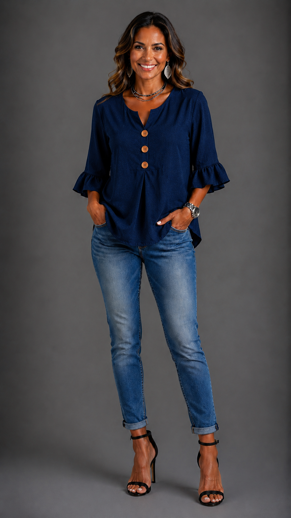Sophia Solid-Colour Cotton-Linen Blouse with Wooden Buttons and Ruffles