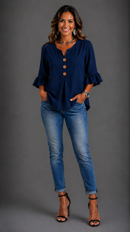 Sophia Solid-Colour Cotton-Linen Blouse with Wooden Buttons and Ruffles