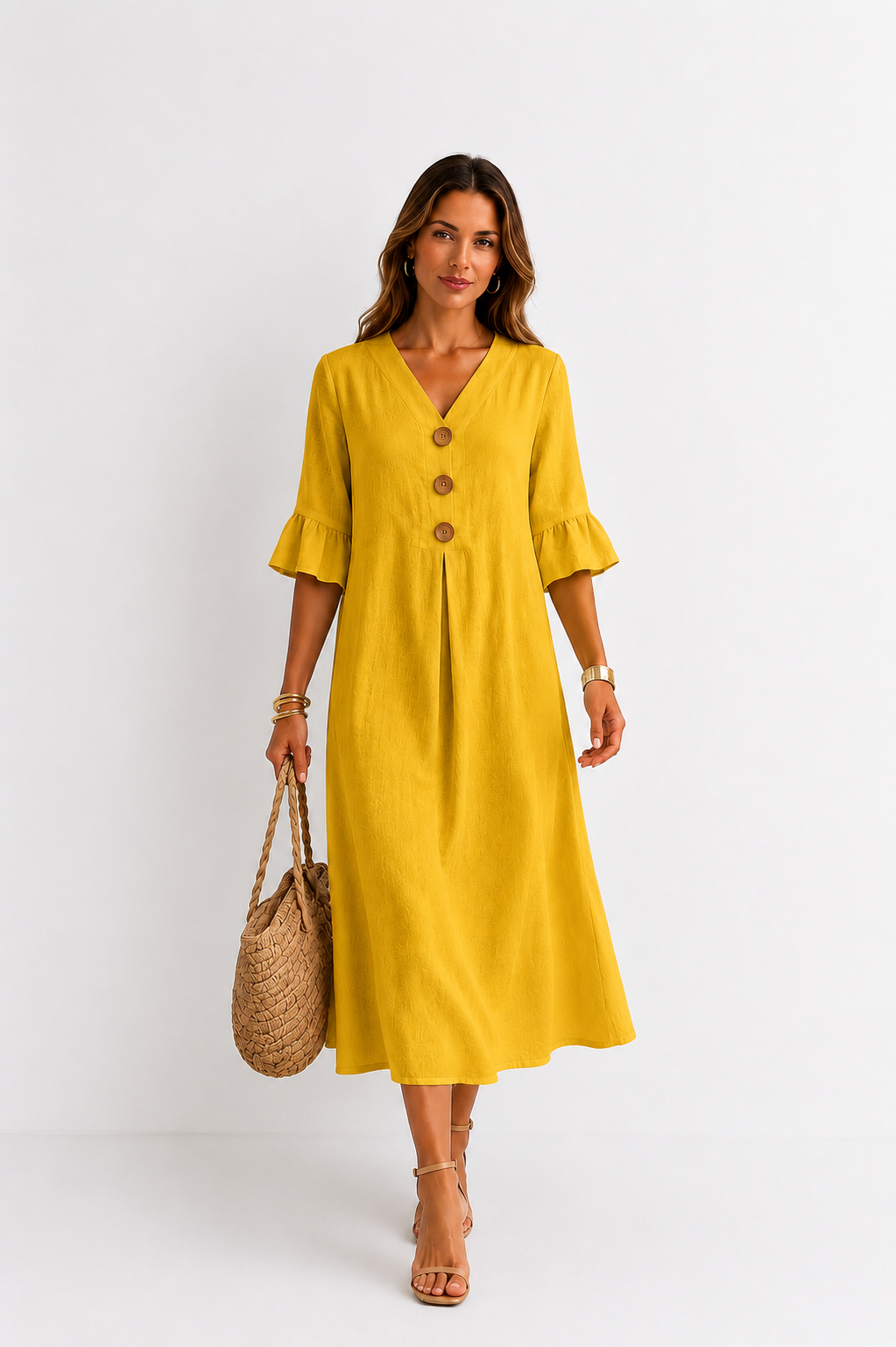 Vanesa | Leinen-Kleid mit Puffärmeln und Knöpfen