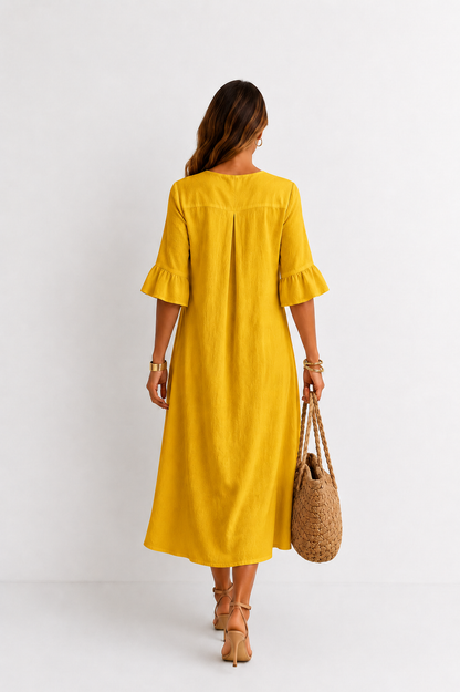 Vanesa | Leinen-Kleid mit Puffärmeln und Knöpfen