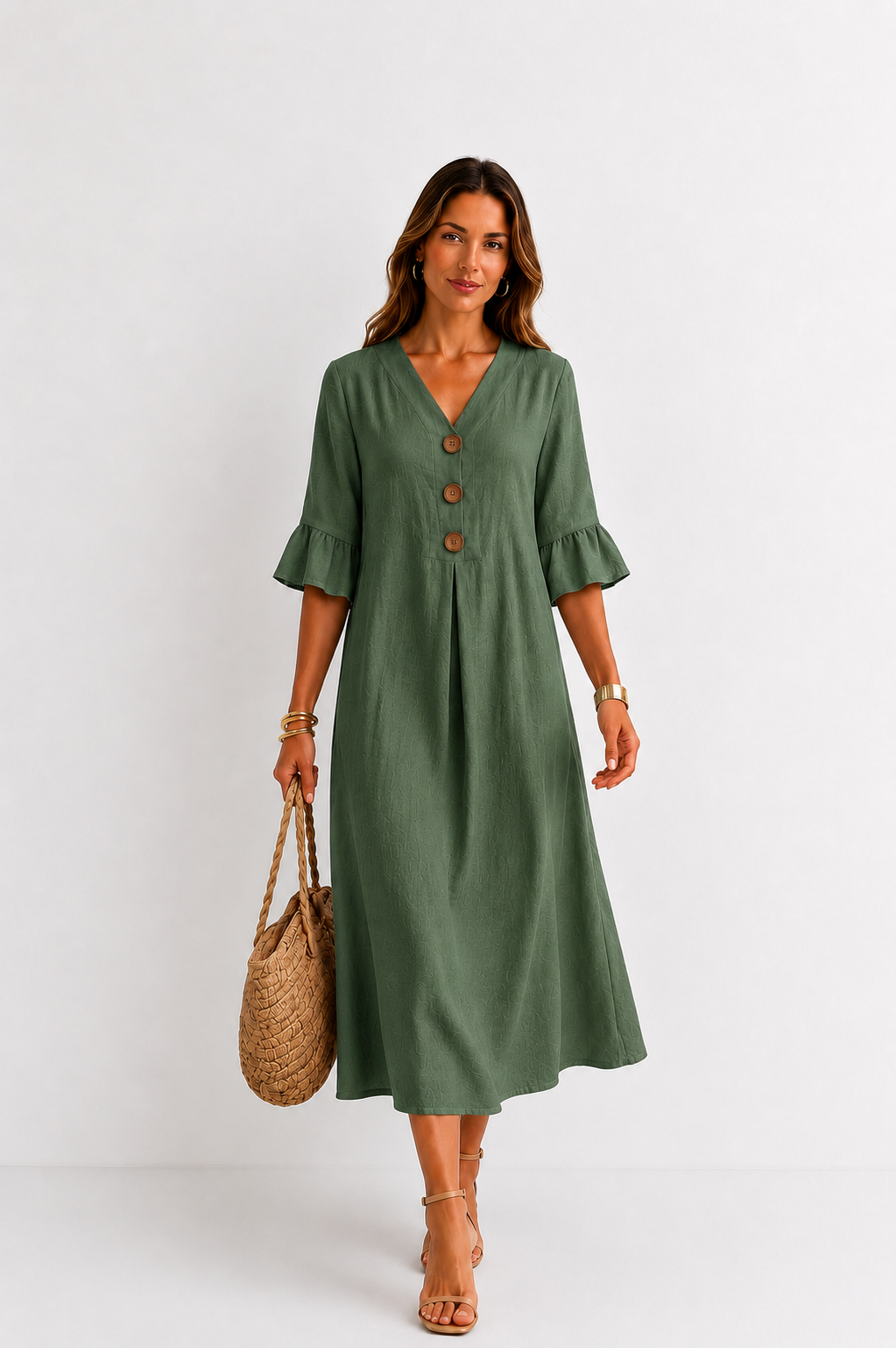 Vanesa | Leinen-Kleid mit Puffärmeln und Knöpfen