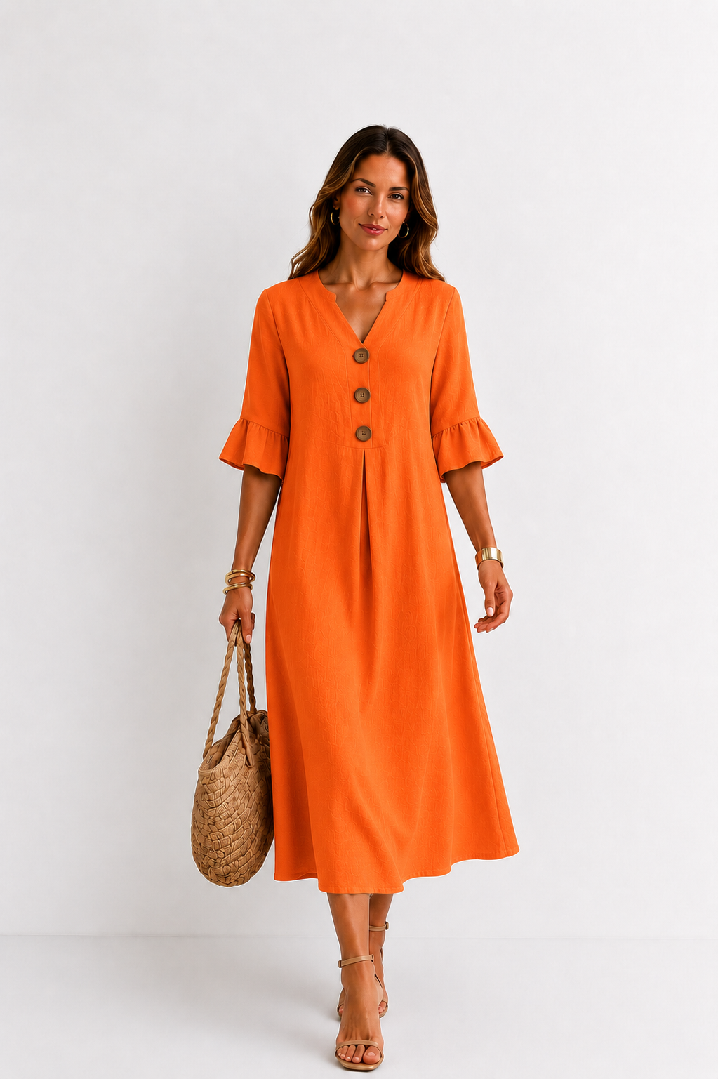 Vanesa | Leinen-Kleid mit Puffärmeln und Knöpfen