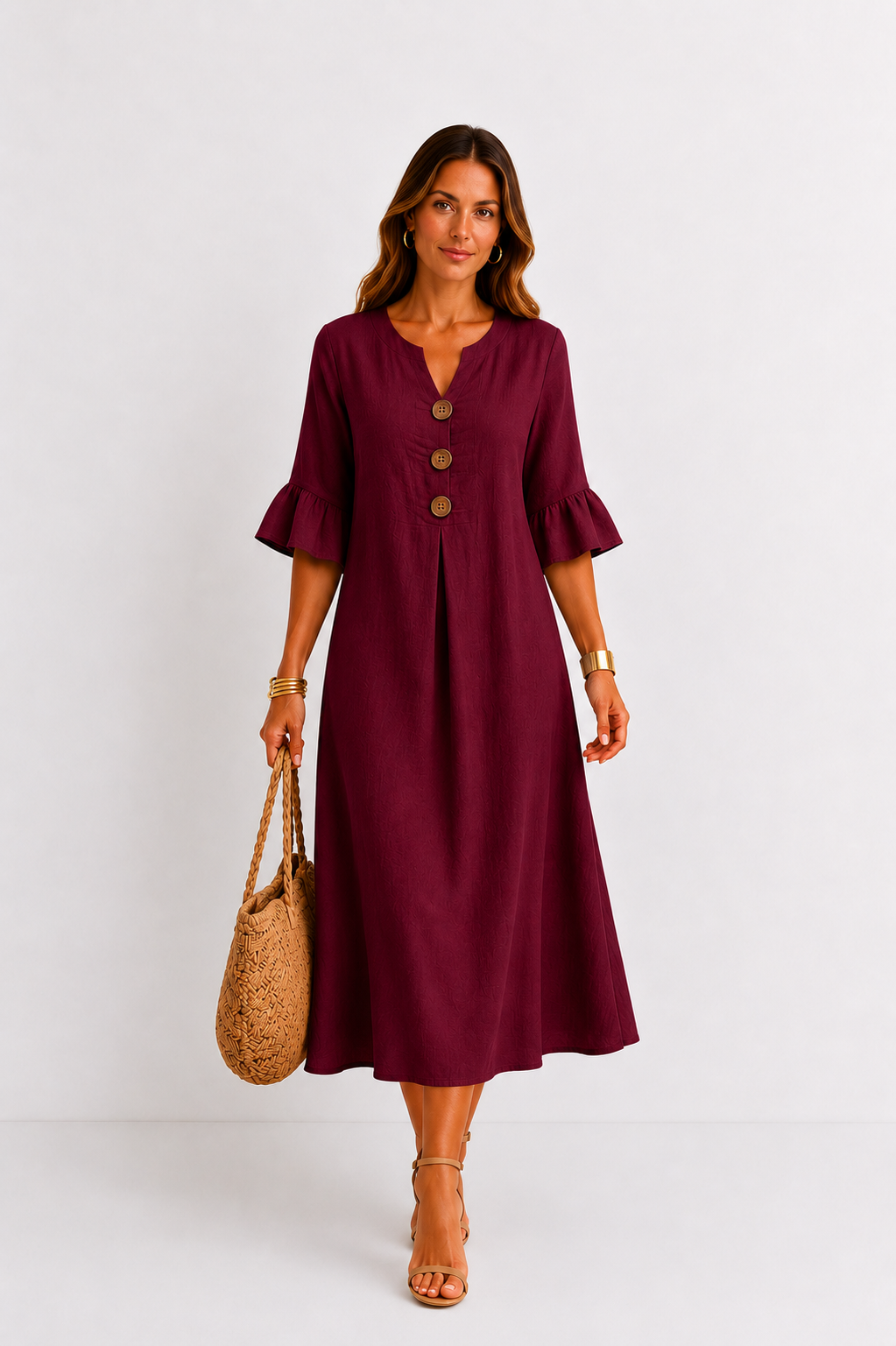 Vanesa | Leinen-Kleid mit Puffärmeln und Knöpfen
