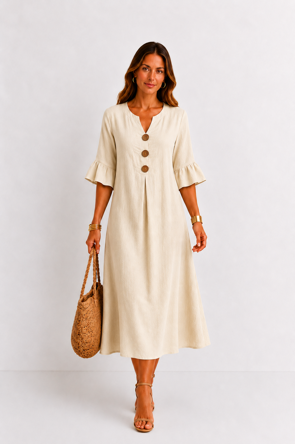 Vanesa | Leinen-Kleid mit Puffärmeln und Knöpfen