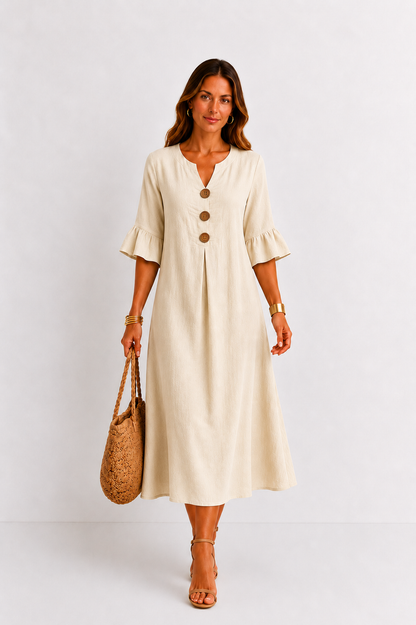 Vanesa | Leinen-Kleid mit Puffärmeln und Knöpfen