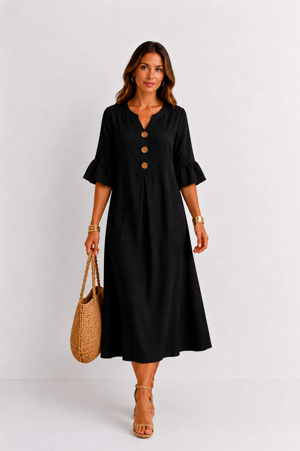 Vanesa | Leinen-Kleid mit Puffärmeln und Knöpfen