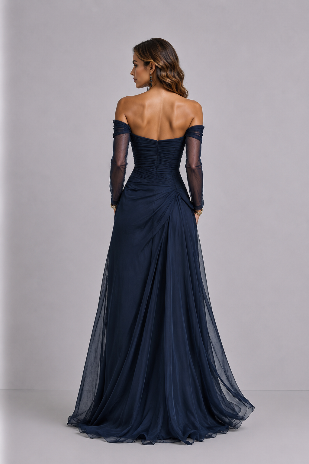 Eleonora • Langes Off-Shoulder-Kleid mit Netzeinsätzen