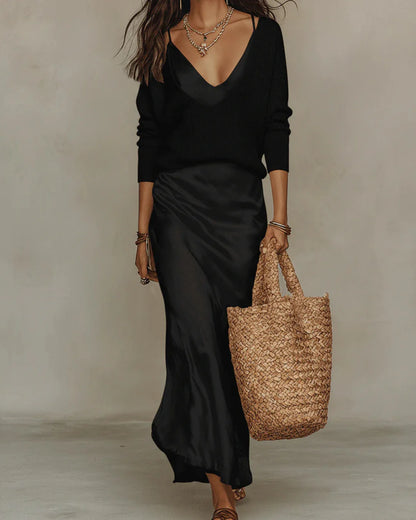 Elena | Satin Midi Dress with Jumper Included