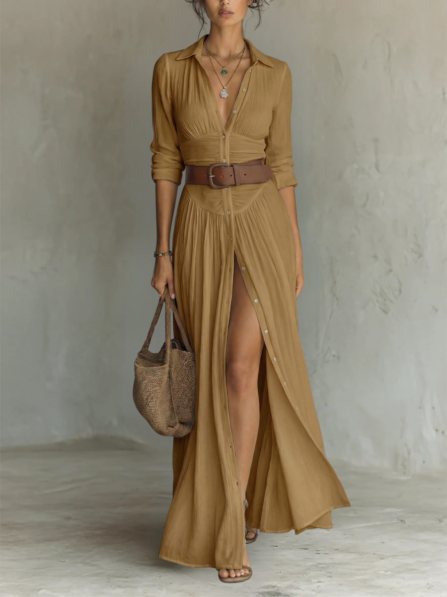 Vestido Maxi Largo de Lino con Cuello Solapa y Manga Larga para Mujer