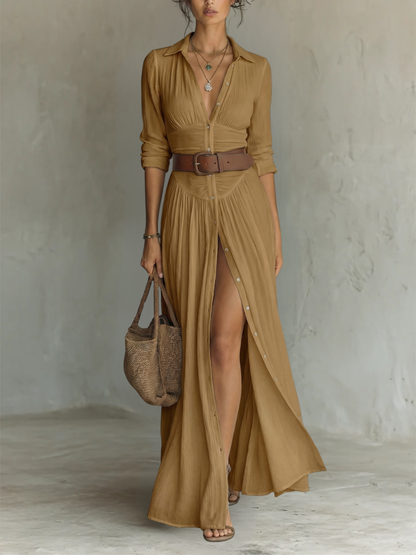 Vestido Maxi Largo de Lino con Cuello Solapa y Manga Larga para Mujer