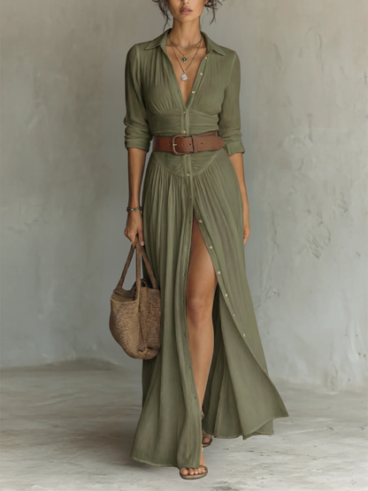 Vestido Maxi Largo de Lino con Cuello Solapa y Manga Larga para Mujer