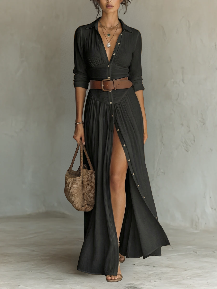 Vestido Maxi Largo de Lino con Cuello Solapa y Manga Larga para Mujer