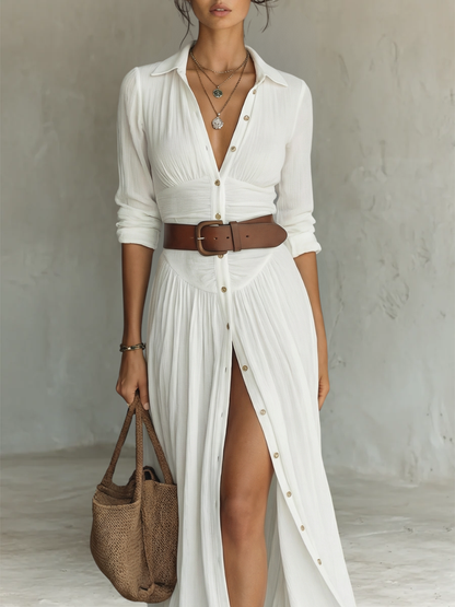Vestido Maxi Largo de Lino con Cuello Solapa y Manga Larga para Mujer