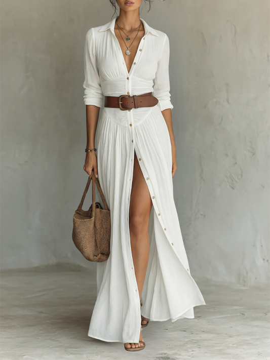 Vestido Maxi Largo de Lino con Cuello Solapa y Manga Larga para Mujer