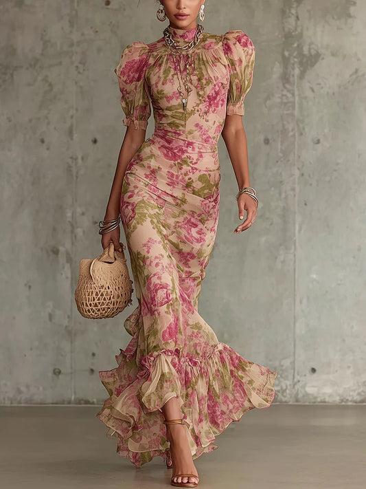 Fiora ∙ Vestido largo con estampado vintage de rosas y mangas abullonadas