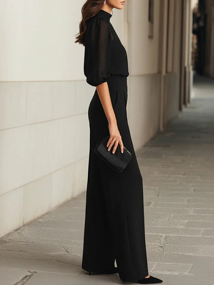 Valentina • Black Three-Piece Set with Sheer Camisole Top and Wide-Leg Trousers