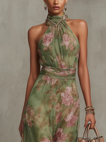 Serena · Vestido largo verde floral de gasa con escote halter