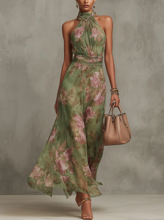 Serena · Vestido largo verde floral de gasa con escote halter