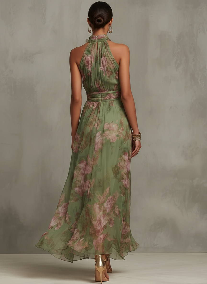 Serena · Vestido largo verde floral de gasa con escote halter