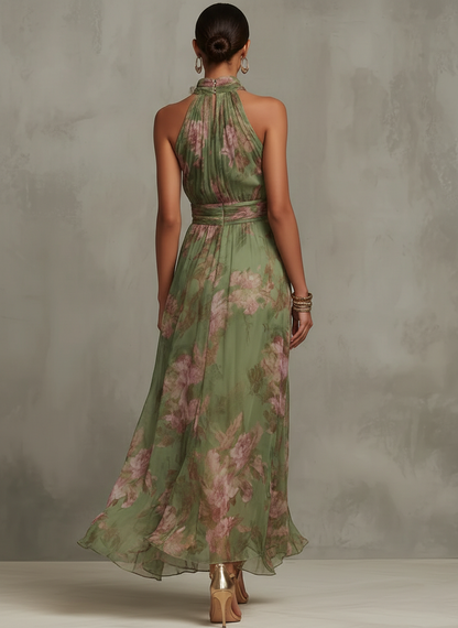 Serena · Vestido largo verde floral de gasa con escote halter