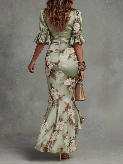 Ana - Vestido largo asimétrico de raso verde con escote en V
