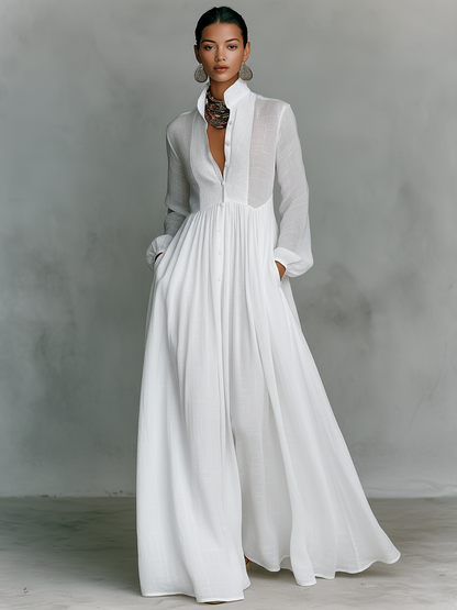 Minimalistisches Maxikleid aus Baumwolle und Leinen mit Patchwork, Stehkragen und langen Ärmeln