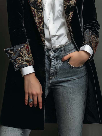 Léontine | Blazer Nero Sartoriale con Stampa Barocca