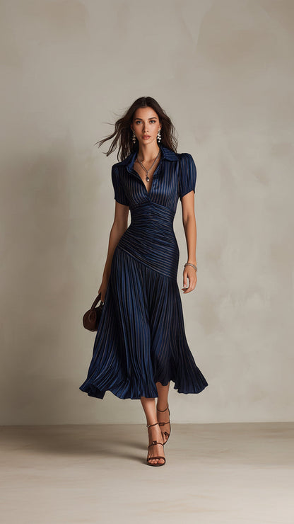 Vestido Adriana midi satinado rayas retro - Azul marino