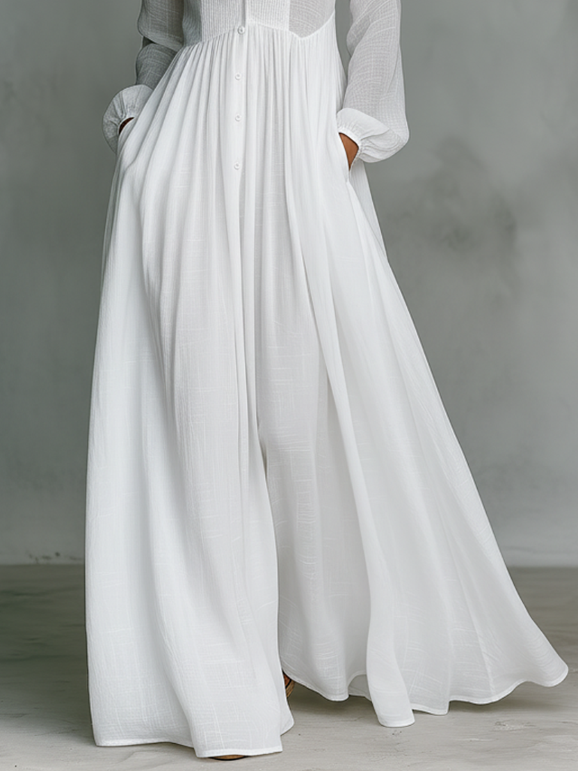 Minimalistisches Maxikleid aus Baumwolle und Leinen mit Patchwork, Stehkragen und langen Ärmeln