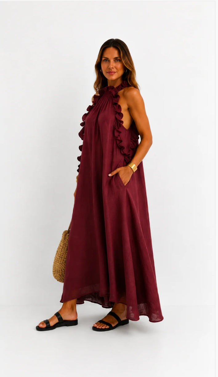 Fernanda | Sleeveless Linen Maxi Dress with Elegant Ruffles