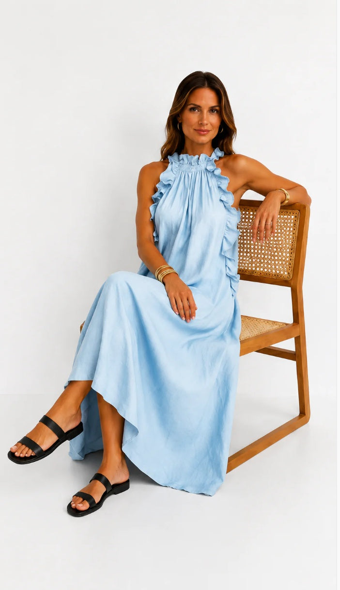 Fernanda | Sleeveless Linen Maxi Dress with Elegant Ruffles